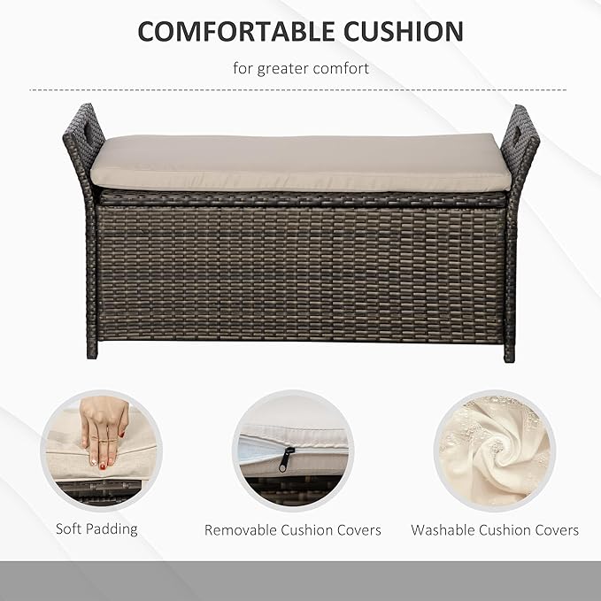 Outsunny 29 Gallon Patio Wicker Storage Bench, Outdoor PE Rattan Patio Furniture, 2-in-1 Large Capacity Rectangle Garden Storage Box with Handles and Cushion, Cream White