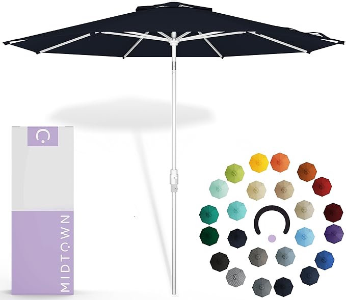 Midtown Umbrellas The Swilt 8 Feet Patio Umbrella in Sunbrella Canvas Navy Acrylic Fabric - Fiberglass Ribs, Auto-Tilt Aluminum Frame For Backyard, Deck, Garden, Pool - White Pole