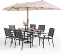 PHI VILLA 7 Pieces Patio Dining Set for 6 with 13ft Large Patio Umbrella, Metal Outdoor Stackable Wrought Iron Chair Set of 6 & 60"X38" Metal Dining Table,Market Table Beige Umbrella