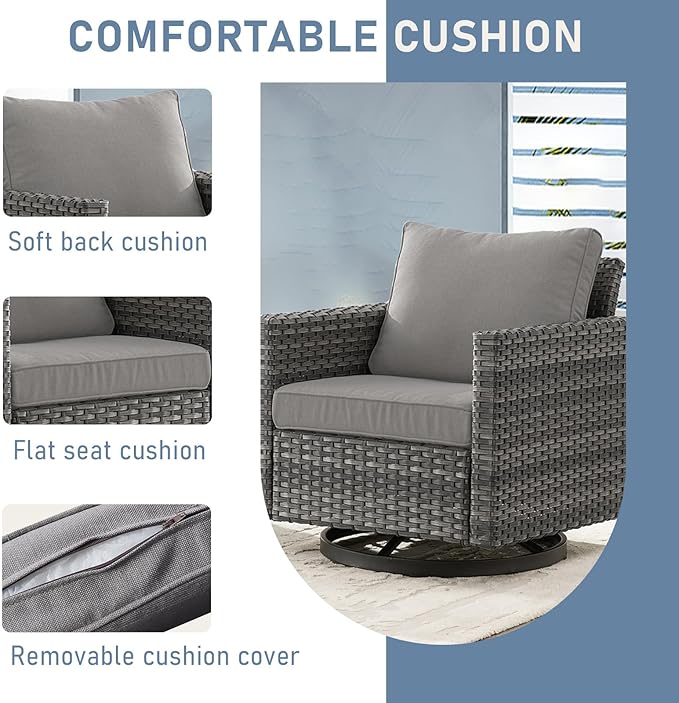 Luxury Outdoor Swivel Rocker Patio Chairs Set of 2, Swivel Patio Chairs for Porch, Yard, Deck, Poolside, Grey/Grey