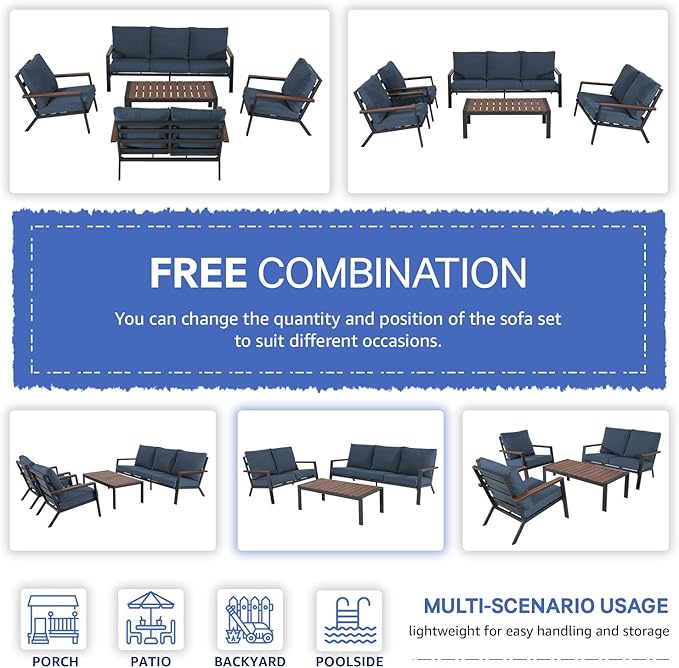Soleil Jardin Aluminum Patio Furniture 3-Seater Couch, Outdoor 3 Seats Sofa with FSC Certified Solid Wood Top, Outdoor Conversation Set 3 Seater Deep Seating w/Removable Cushion, Denim Blue