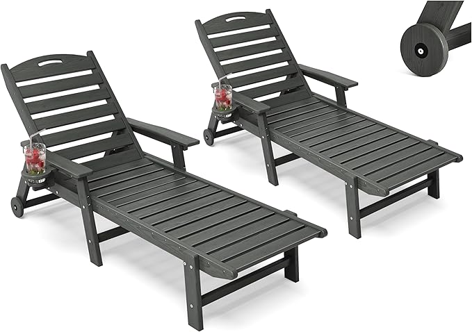 Patio Chaise Lounge Chair Set of 2, HDPE Outdoor Lounge Chairs with 5-Position Adjustable Backrest, Cup Holder and Wheels, 450lbs Capacity for Poolside Deck Backyard, All Weather Material(Gray)