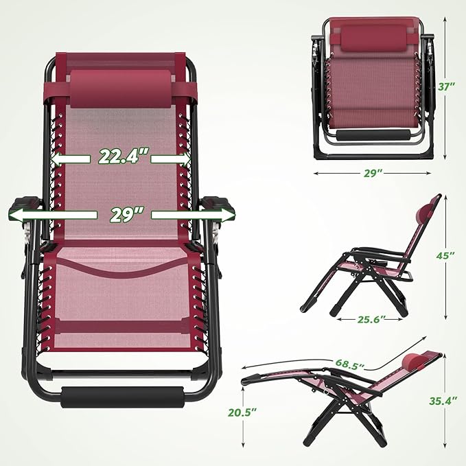 ZENPETIO 29In XL Zero Gravity Chair w/Cushion, Zero Gravity Recliner Lounge Chair for Indoor and Outdoor, Reclining Camping Chair for Lawn, Anti Gravity Chair with Cup Holder and Footrest, 440LBS