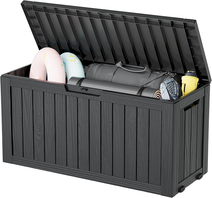 KAMABOKO Deck Box, 75 Gallon Resin Indoor and Outdoor Storage Boxes Waterproof for Garden Tools, Pool Accessories Storage Bench, Patio Furniture and Cushions with Lockable Lid, Black