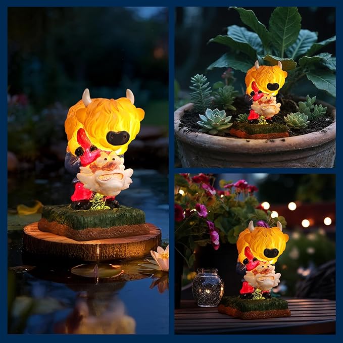 Garden Gnome Statue Highland Cow Gift,Yard Patio Balcony Outdoor Decor Solar Light Figurine, Christmas, Housewarming Gift,Idea Gift for Mom, Neighbor,Gnome Lover