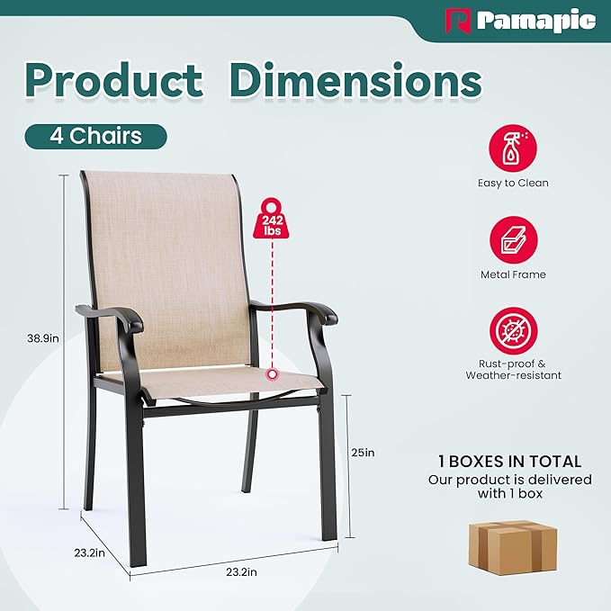 Pamapic Patio Chairs Set of 4, All-Weather Textilene Ergonomic Outdoor Dining Chairs for Garden Backyard Poolside Deck, Beige