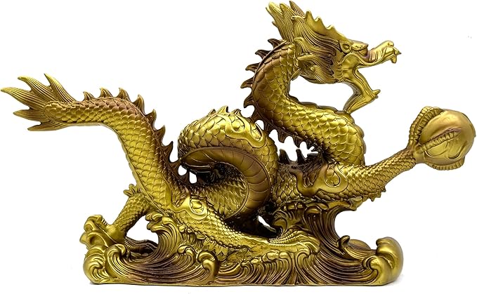 FUNSXBUG 13.6 INCH Chinese Feng Shui Dragon Statue Sculpture Resin Figurines FengShui Decor Home Office Desktop Tabletop Ornaments Decoration Good Lucky Gifts Gold