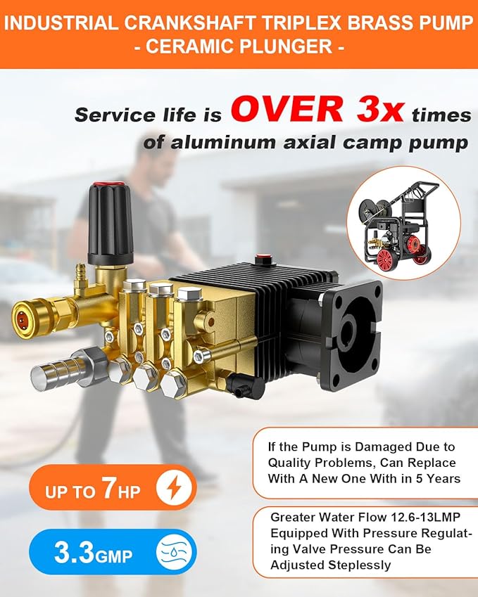 3600 PSI Gas Pressure Washer, One-Button Start 212cc 7HP Engine 3.3GPM, Includes Hose Reel，50 FT 3/8 inch Hose，5 Quick Connect Nozzles，Spray Gun and Wand