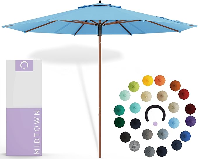 Midtown Umbrellas The Wooden 10 Feet Patio Umbrella With Sunbrella Capri Acrylic Fabric - Aluminum Frame Market Umbrella For Backyard, Deck, Garden, Pool - Wooden Pole