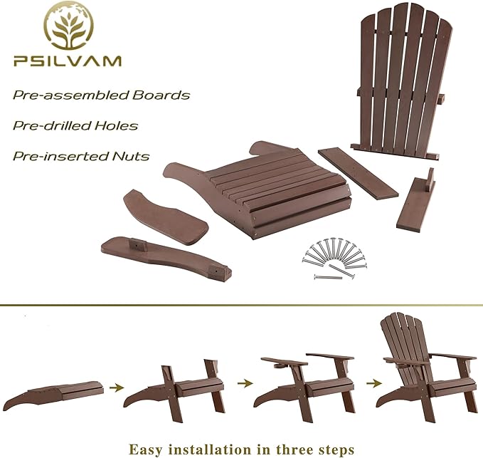 Psilvam Adirondack Chair, Oversized Poly Lumber Fire Pit Chair with Cup Holder, 350Lbs Support Patio Chairs for Garden, Weather Resistant Outdoors Seating, Relaxing Gift for Father & Mother (Brown)