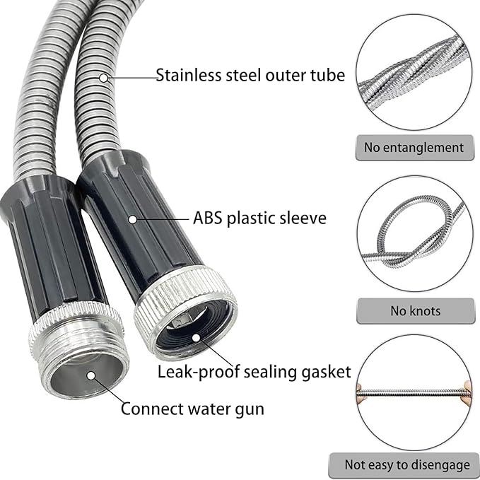 25ft Metal Garden Hose Stainless Steel Heavy Duty Water Hose With 2 Nozzles, No Tangle and Kink, Lightweight & Flexible, Tough and Pet Proof, Metal Garden Hose for Yard, RV, Garden, Outdoor