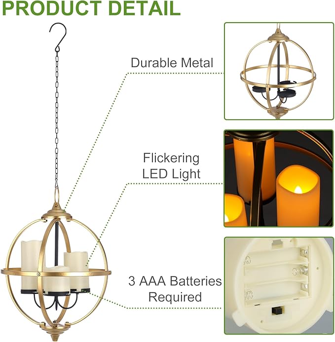SUNNYPARK Battery Operated Outdoor Candle Chandelier - Gold and Black Metal Globe Hanging Pendant Light with 3 Flameless Candles, 12.6" Waterproof Lights for Gazebo, Pergola, Garden, Porch & Backyard
