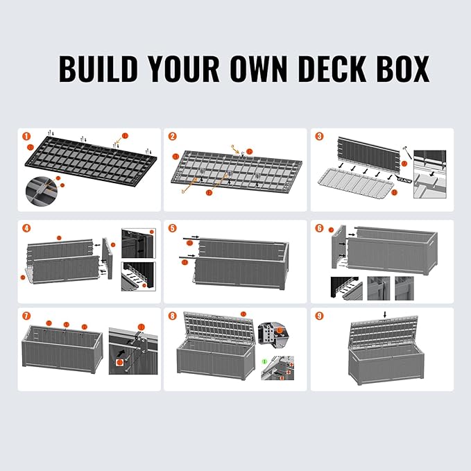 VEVOR Deck Box, 120 Gallon Outdoor Storage Box, 56.3" x 26.6" x 23.8", Waterproof PP Deckbox with Aluminum Alloy Padlock, for Patio Furniture,Garden Tools, Outdoor Cushions, Gray