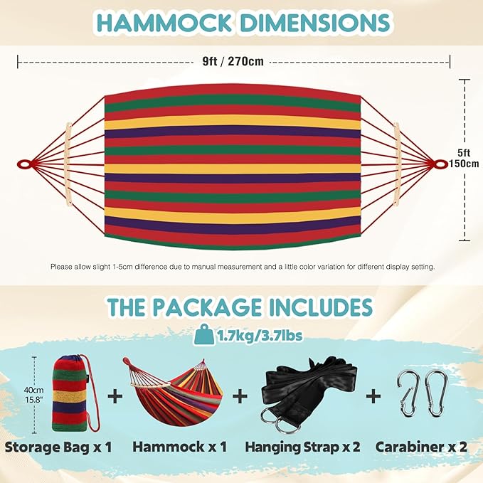 Anyoo Garden Cotton Hammock Comfortable Fabric Hammock with Spreader Bar Sturdy Hammocks Up to 450lbs Portable Lightweight Hammocks with Travel Bag for Camping Outdoor/Indoor Patio Backyard