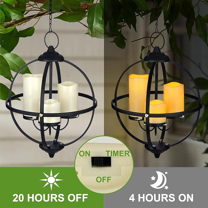 Battery Operated Outdoor Candle Chandelier - Black Metal Globe Hanging Pendant Light with 3 Flameless Candles, 12.6" Waterproof Lights for Gazebo, Pergola, Garden, Porch & Backyard