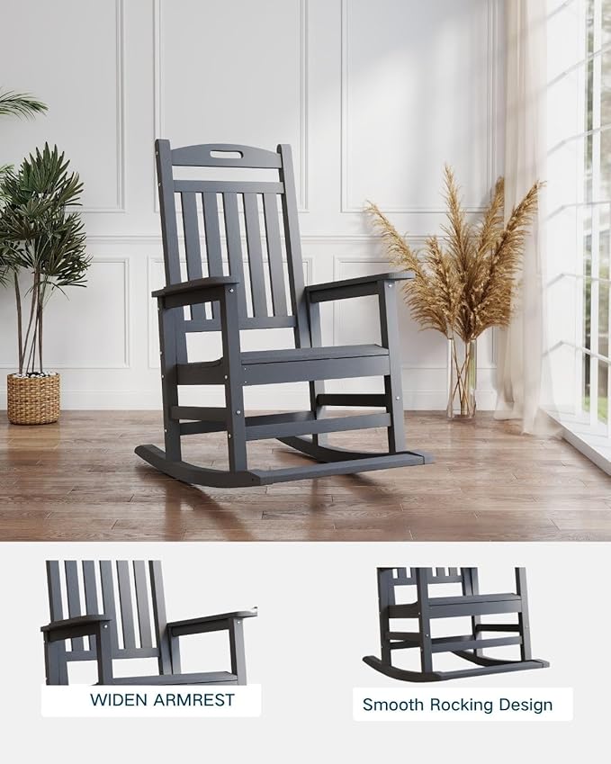 Kingdura Outdoor Rocking Chairs Set of 2, HDPE Plastic Patio Rocking Chair All-Weather Oversized Porch Rocker with High Back for Patio Outside Backyard Balcony (Grey)