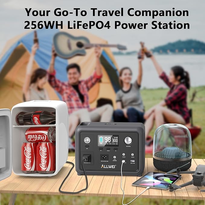 ALLWEI 300W/256Wh LiFePO4 Solar Generator with 100W Solar Panel Included, Portable Power Station with AC Outlet USB Port, Solar Powered Battery Generator for Outdoor Camping, Home Backup, Power Outage