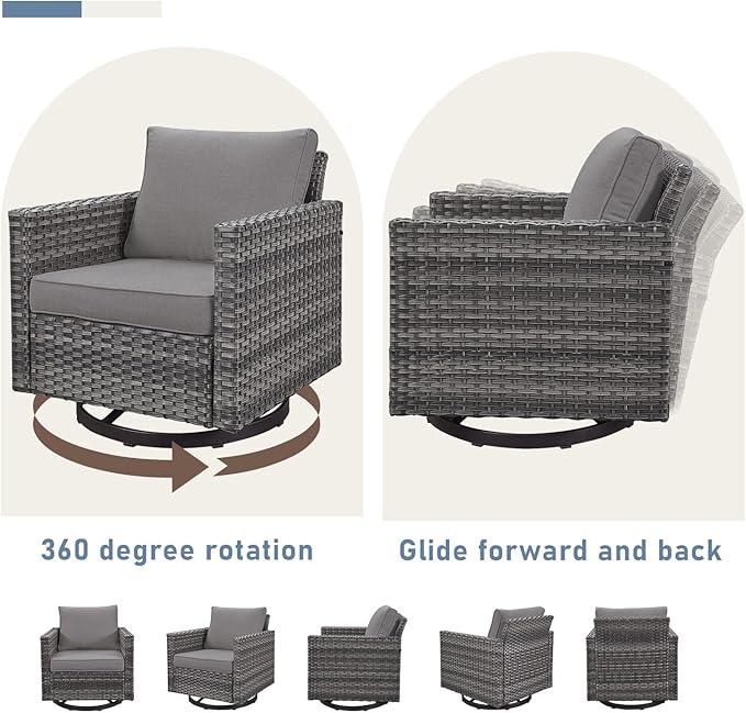 Outdoor Rocker Chairs - Patio Swivel Chair Set, Two Wicker Chairs with One Side Table, Grey