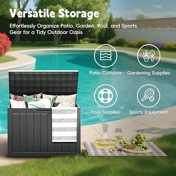 Outdoor Storage Box, 50 Gallon Deck Box Waterproof, Resin Patio Storage Bin for Package Delivery, Patio Furniture Cushion, Garden Tools, Pool Accessories, Weatherproof, Black
