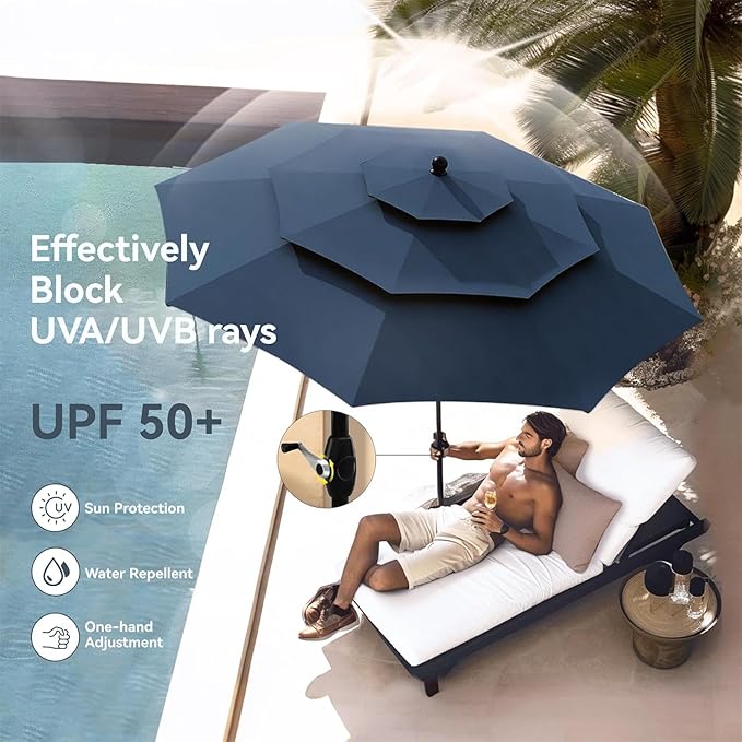 PHI VILLA 5 Piece Outdoor Dining Set with Umbrella, 37" Square Metal Dining Table & Cushioned Rattan Chairs with 10ft Blue Umbrella for Patio, Deck, Yard, Porch