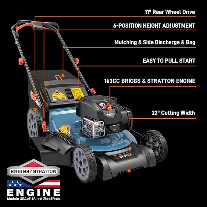 SENIX LSSG-H2 22-Inch Self Propelled Gas Lawn Mower with 163 cc 4-Cycle Engine, 3-in-1 Rear Wheel Drive Variable Speed Lawnmower, 6-Position Height Adjustment