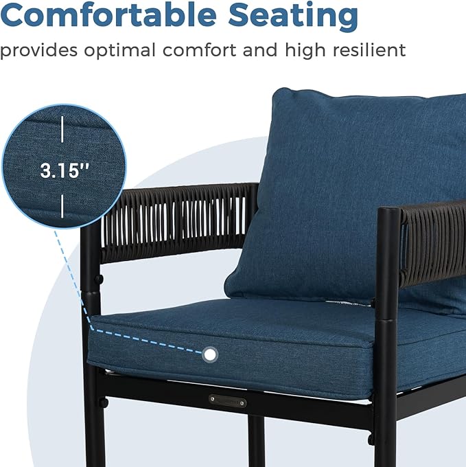 Grand patio Outdoor Dining Chair Set of 2, 2 Pieces Patio Dining Chairs, Metal Woven Wicker Fixed Patio Chairs with Peacock Blue Cushions for Backyard, Deck, Garden, Porch, Lawn and Poolside (Brown)
