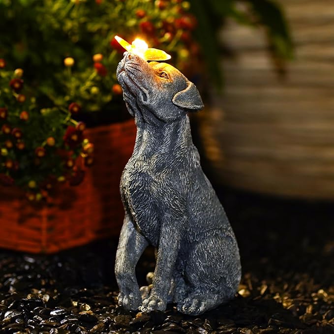 Garden Statue Dog Figurine Decor – Outdoor Decoration with Butterfly for Garden Yard Lawn Home Decor Outside : Christmas Memorial Gifts for Women Mom Grandma