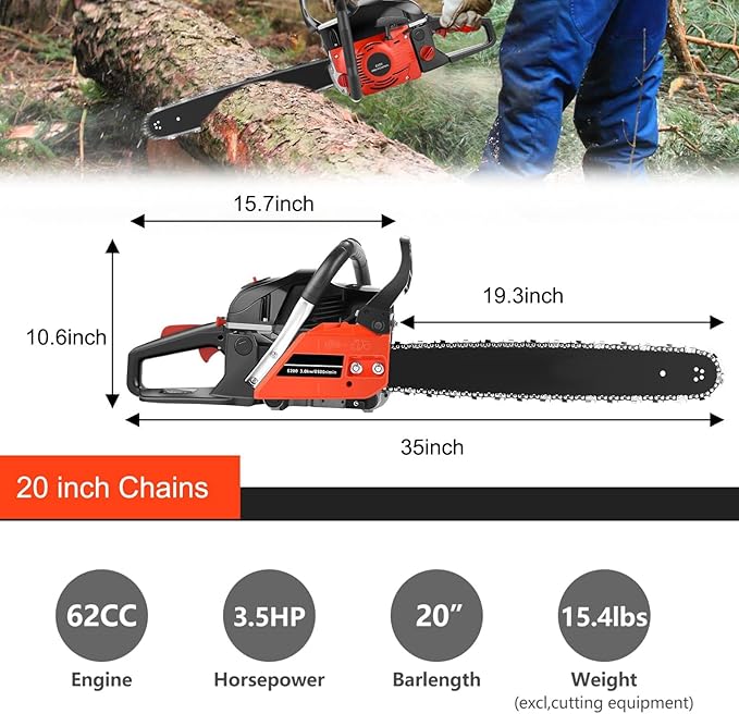 COOCHEER 62CC Gas Chainsaw 20 Inch 2-Cycle Gas Powered Chain Saws 3.5 HP Power Chain Saw Cordless Gasoline Powered Chainsaw with 2 Chains for Tree Wood Cutting