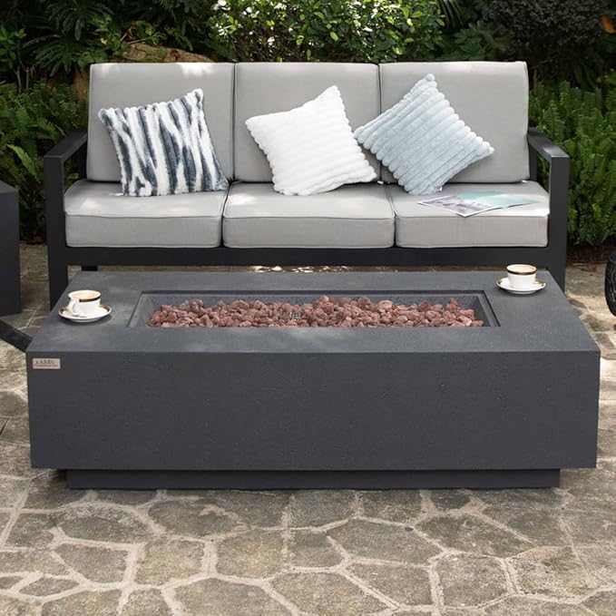 AMS Creations | Madison 60" Bundle Rectangular Natural Gas Outdoor Fire Pit Table | Dark Gray Concrete GFRC | Limestone Texture or Surface | Electronic Ignition | Outside Backyard Fireplace