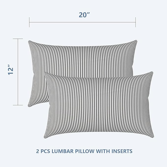 LVTXIII 12×20 Inch Outdoor Lumbar Pillows, Pack of 2 Water Repellent Lumbar Pillow with Inserts, Fluffy Decorative Garden Lumbar Cushions for Home Patio Coach Sofa Use, Topanga Stripe Grey