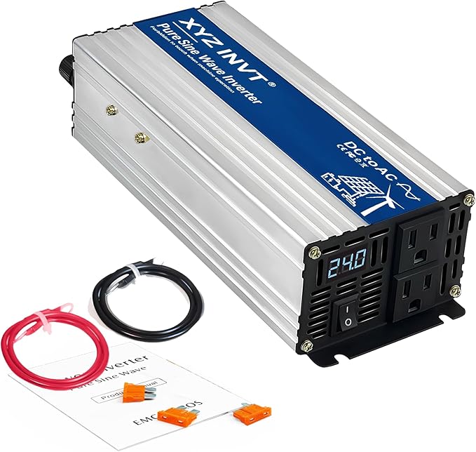 800W Pure Sine Wave Power Inverter DC 24V to AC 110V/120V, 1600W Peak, Car/Truck Power Converter for Solar, Home, Vehicle & Rechargeable Devices with LED Display