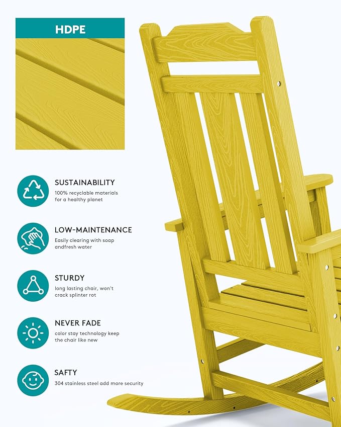 SERWALL Outdoor Rocking Chair Set of 4, Patio Rocking Chairs Set, HDPE Rocking Chair Outdoor for Adults, Heavy Duty Front Porch Rocker, Yellow