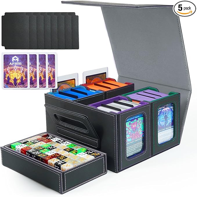AFIING Commander Deck Box for MTG, Holds 400+ Double-Sleeved Cards, 4 Removable Deck Cases with Display Window, Dice Tray/Handle,Trading Card Storage Organizer/Dividers for TCG (Multicolore)
