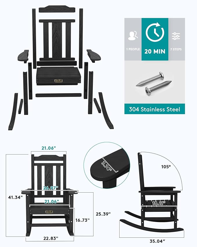 SERWALL Oversized Rocking Chair Set of 2 Outdoor, HDPE Outdoor Rocking Chair Set of 2, Black