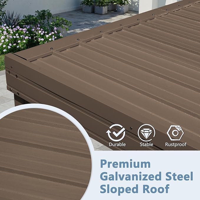 Domi 12’x20’ Wall-Mounted Hardtop Gazebo Pergola – Permanent Lean-to Outdoor Shelter with Sloped Galvanized Steel Roof & Upgraded Drainage – Gray Metal Patio Cover for Backyard, Deck, Garden, Brown