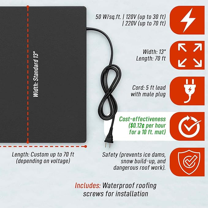 RHS Roof & Valley Snow Melting Mats – Ice Dam Prevention, American-Made, Black, Melts 2” Snow/Hour (15’ x 13”)