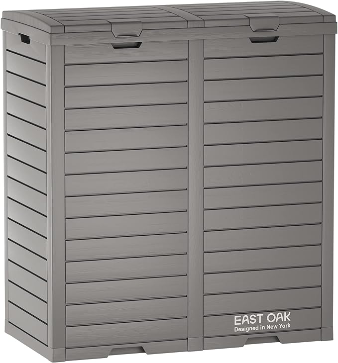 EAST OAK 62 Gallon Outdoor Trash Can, Waterproof Resin Garbage Can with Tiered Lid and Drip Tray, Outside Trash Bin for Patio, Backyard, Deck, Grey