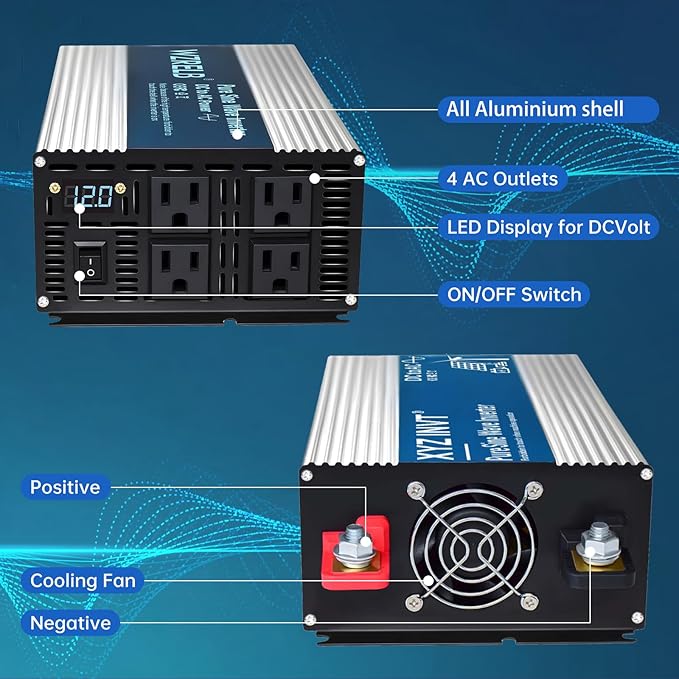 1800W Pure Sine Wave Inverter DC 12V to AC 120V, 3600W Peak Power with LED Display, Power Converter for Car, Truck, Solar, Home & Rechargeable Devices