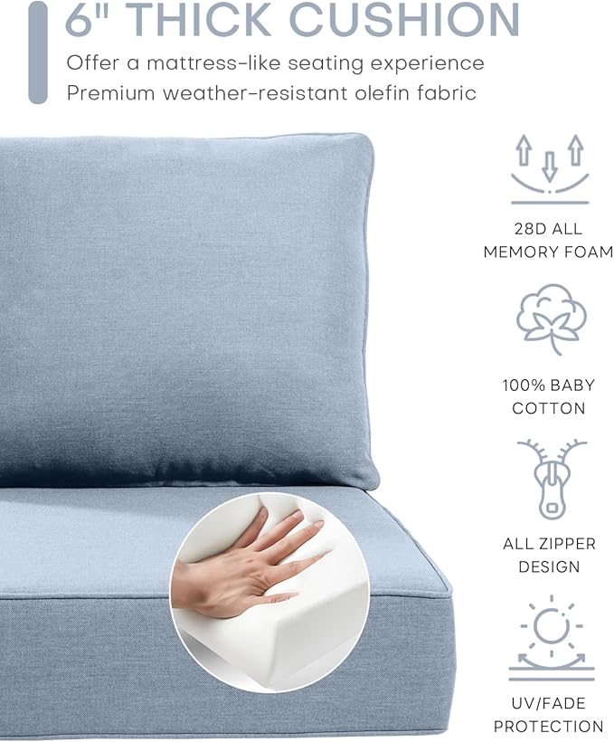 Luxury 22x24/22x25 6-Inch Outdoor Chair Cushions Set of 4 - Heavy Duty Water-Resistant Comfortable Cushion for Patio Furniture Dining Gliding Rocker Loveseat L-Shape Sofa - Baby Blue