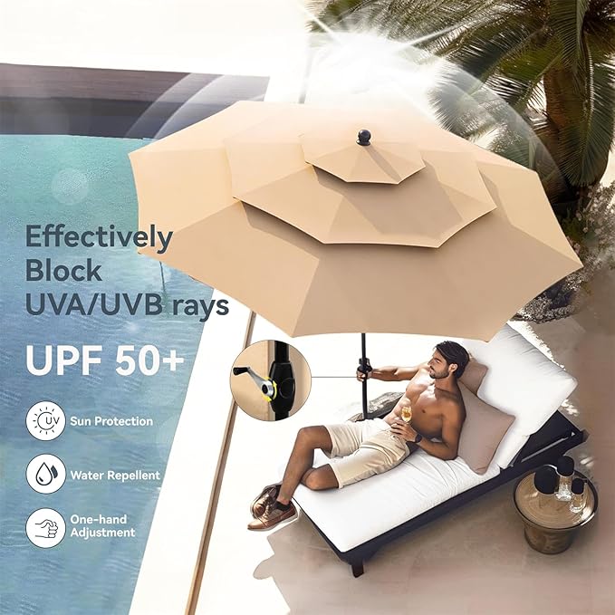 PHI VILLA 5 Pieces Patio Dining Set for 4 with 10ft Patio Umbrella, Metal Outdoor Stackable Wrought Iron Chair Set of 4 & 37" Metal Dining Table,3 Tier Vented Market Table Beige Umbrella