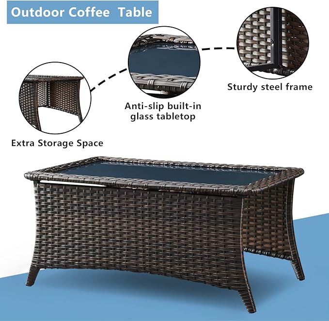 HUMMUH 7pcs Patio Furniture Set Swivel Rocker Patio Chairs,PE Wicker Outdoor Sofa Set of 2 with Coffee Table and Ottomans(Brown,Blue)