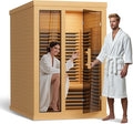Far Infrared Wooden Sauna Low EMF- 2 Person Personal Sauna for Home Use, Full Spectrum Infrared Sauna, Dual Tempered Glass & Bluetooth Speakers - Indoor Sauna 2000W, Brown