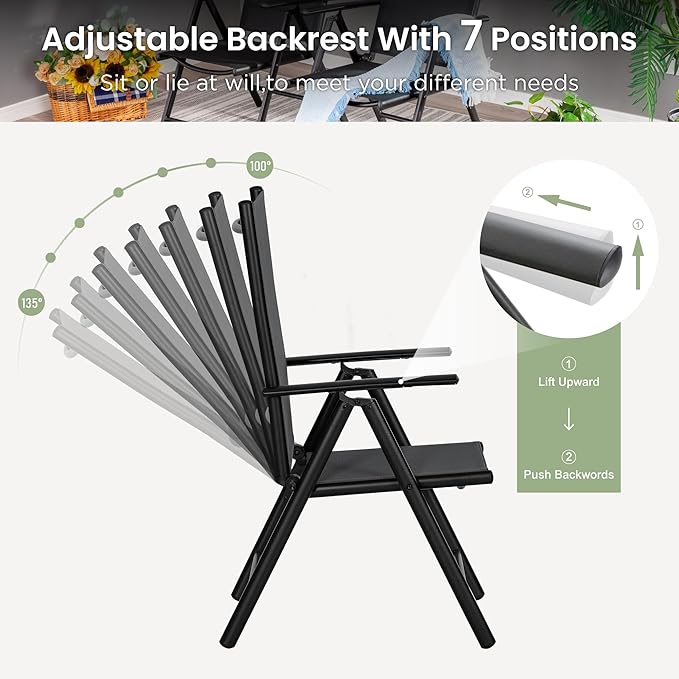 PHI VILLA 9 Piece Outdoor Dining Set, All Weather Furniture Patio Table and Chairs for 8 with Adjustable Lightweight Patio Folding Dining Chairs (Black) & Extendable Metal Table for Garden, Yard