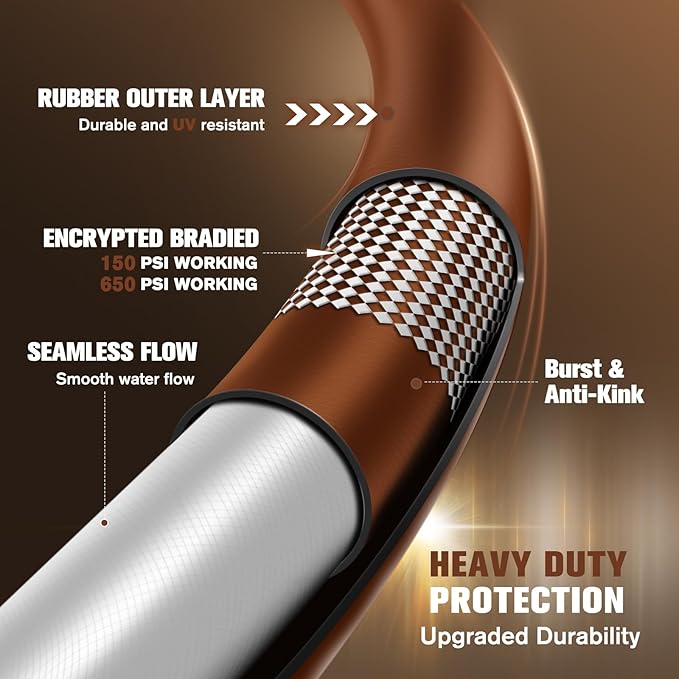Heavy Duty Garden Hose 5/8" x 50ft, Flexible Lightweight Water Hose, Hybrid Rubber, NO Kink, 650 Burst PSI, Male to Female Fittings