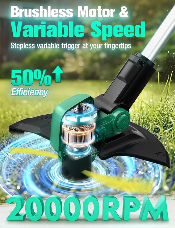 KIMO Cordless Weed Wacker Battery Operated w/ 2 x 2.0Ah Batteries, 2-in-1 String Trimmer & Edger with Charger & Wheels, 10Pcs Cutting Lines, 12" Dual-Sided Cutting Line, 20V Weed Trimmer for Lawn Yard
