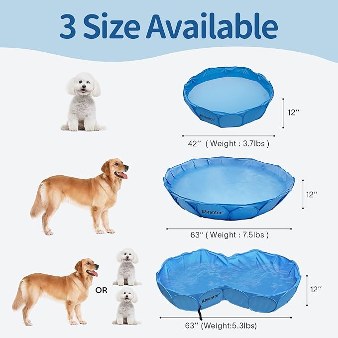 Alvantor Pet Swimming Pool - Foldable, Portable Dog Bathing Tub and Kiddie Pool - Indoor/Outdoor Fun - 63"x12" - Patent Pending