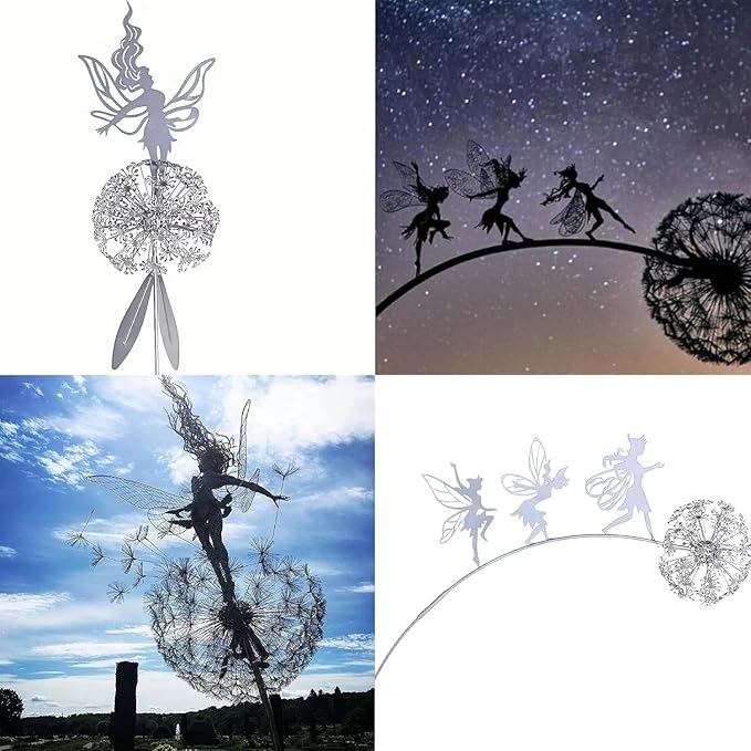 Flower Fairy Dancing with Dandelion, Art Sculpture Fairies for Fairy Garden, Angel Metal Ornaments Gardens Art Sculpture, Outdoor Decorations for The Courtyard, Christmas and Halloween Lawn (D)