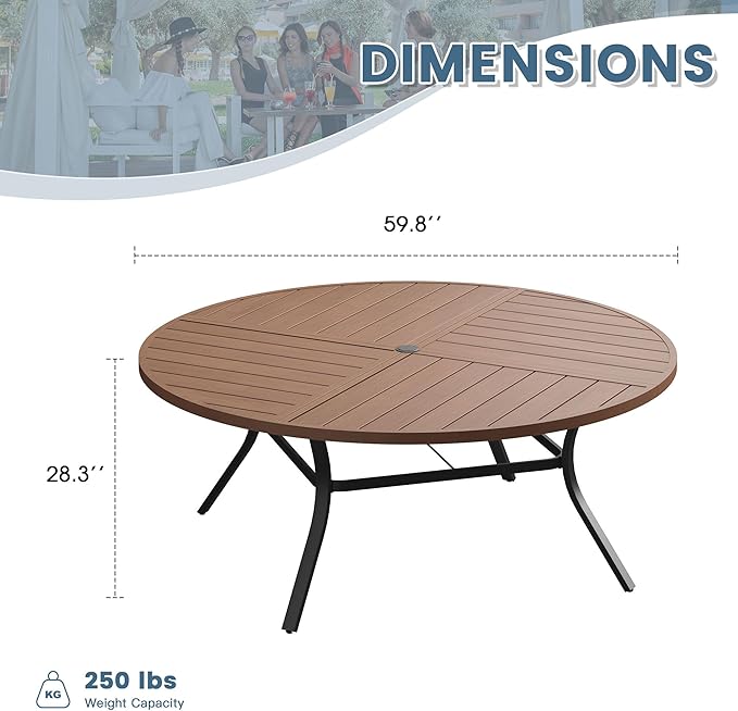 DIFY 59.8" Round Outdoor Patio Dining Table for 8-10, All-Weather Metal Steel Slatted Patio Table with 1.57" Adjustable Umbrella Hole, for Lawn Garden Porch Backyard, Walnut