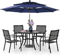PHI VILLA 5 Pieces Patio Dining Set with 10ft Patio Umbrella, Metal Patio Circle Table Outdoor Stackable Wrought Iron Chair Set of 4 & 42" Large Round Dining Table,3 Tier Vented Dark Blue Umbrella