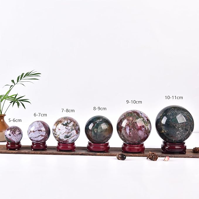 JIC Gem Natural Ocean Jasper Crystal Sphere Crystal Decorative Ball with Wooden Stand Meditation Balls for Witchcraft Reiki Healing Gift 60-70mm